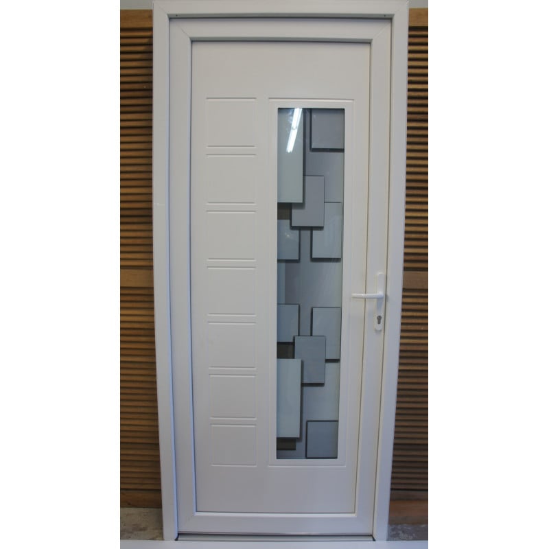 Porte d'Entrée PVC Blanc Vitrée Motif 3D 218x96 cm | Fin de Chantier