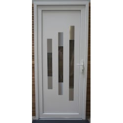 Porte d'Entrée PVC Blanc Design 3 Vitres & Inox 218x96 | Fin de Chantier