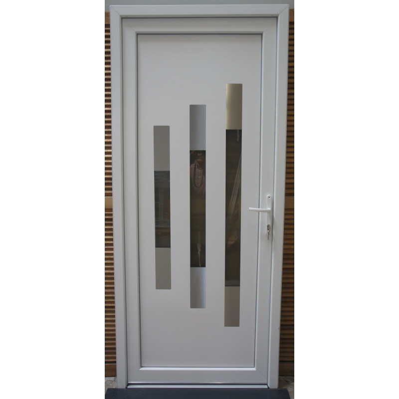 Porte d'Entrée PVC Blanc Design 3 Vitres & Inox 218x96 | Fin de Chantier