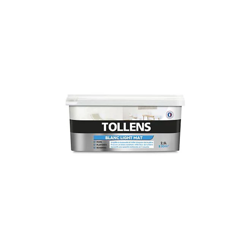 Peinture Blanc Light Mat 2,5L Murs & Boiseries - Tollens